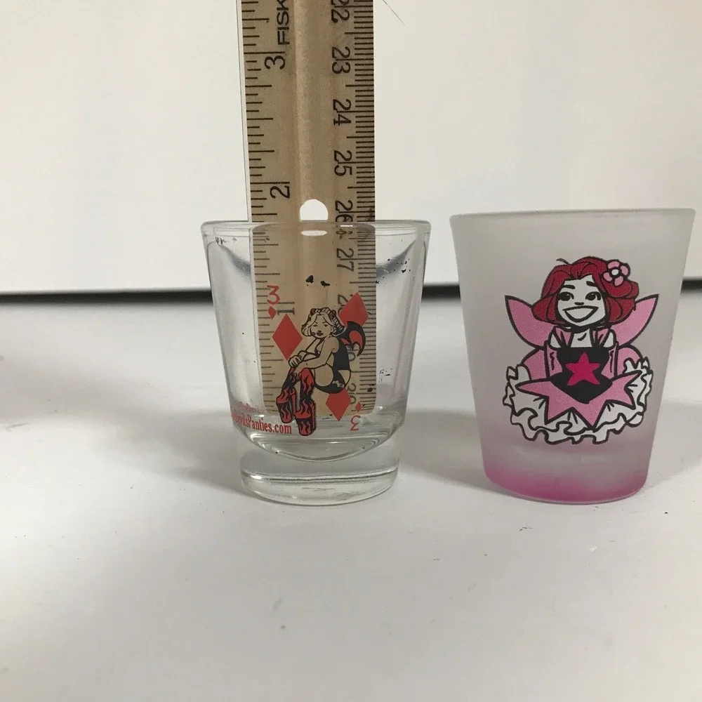 The Devils Panties Comic Shot Glass Set Clear Frosted Pink Fairy Graphic Barware